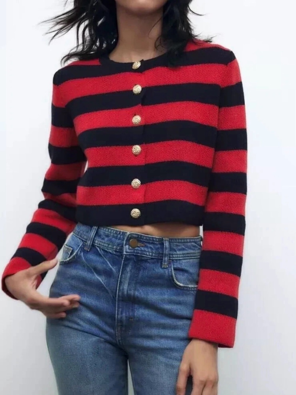 Zara Red and Black Striped Cropped Cardigan with Gold Buttons
